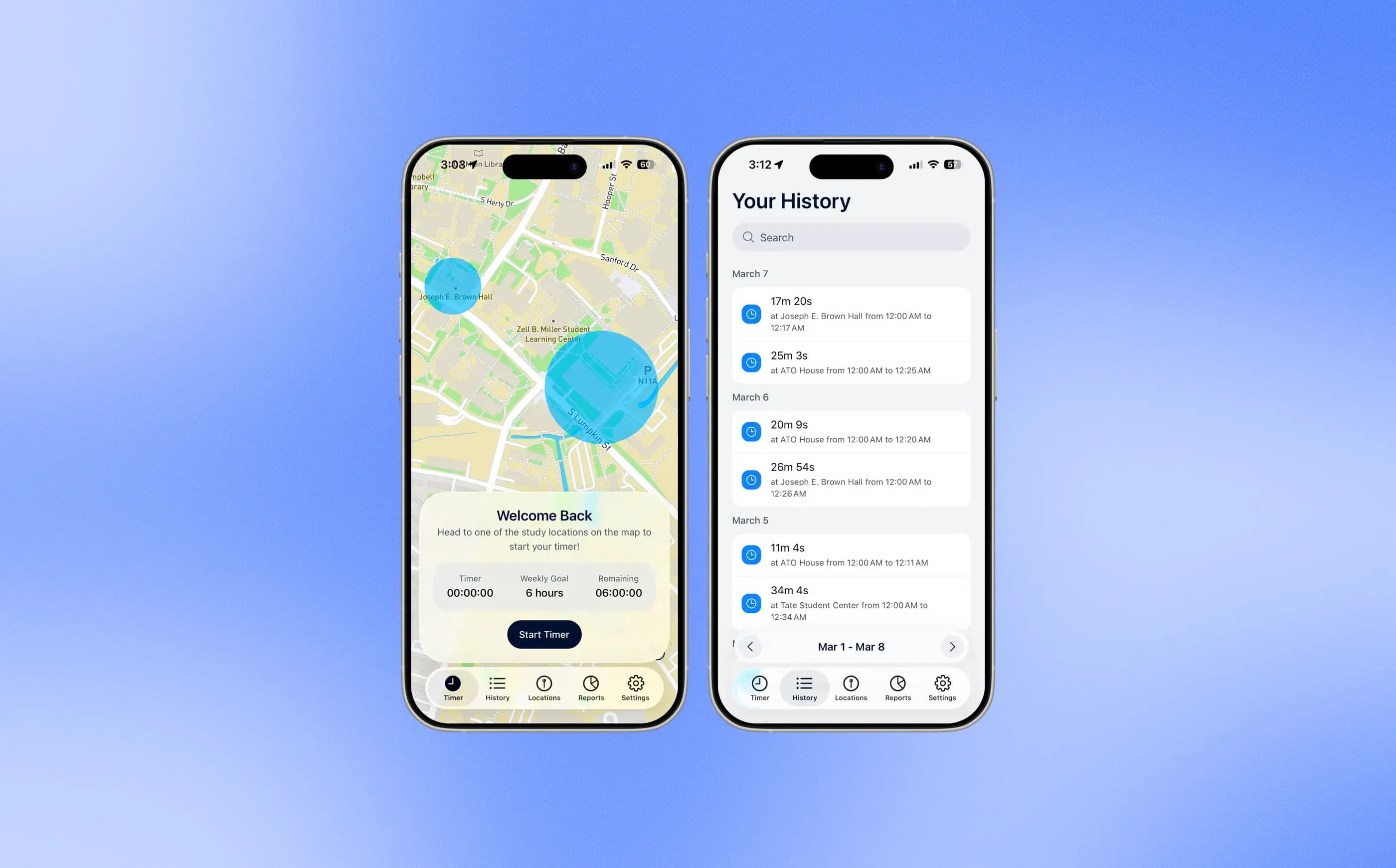 CampusStudy mobile app showing a study timer, weekly hour goal, and study session history