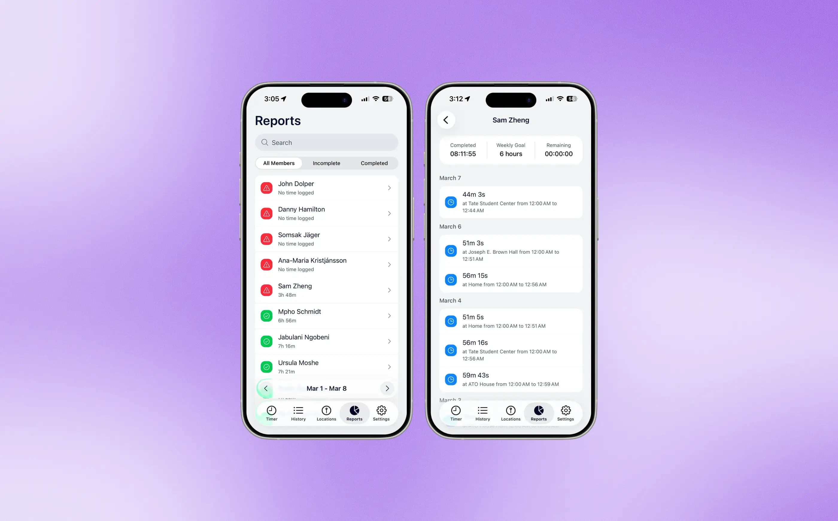CampusStudy mobile app showing member study progress, weekly goals, and completed sessions
