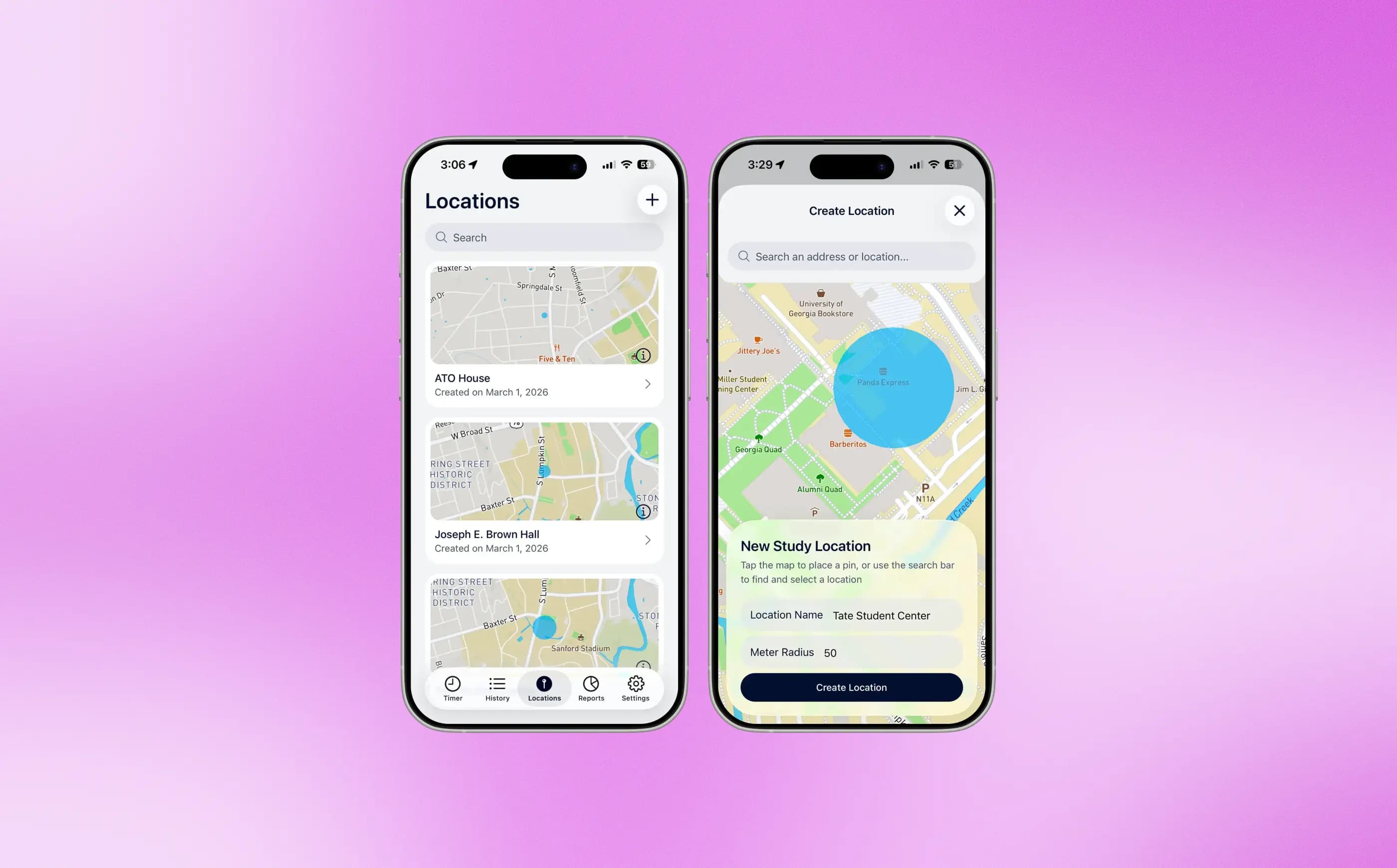 CampusStudy mobile app showing approved study locations and a map for setting a new location boundary