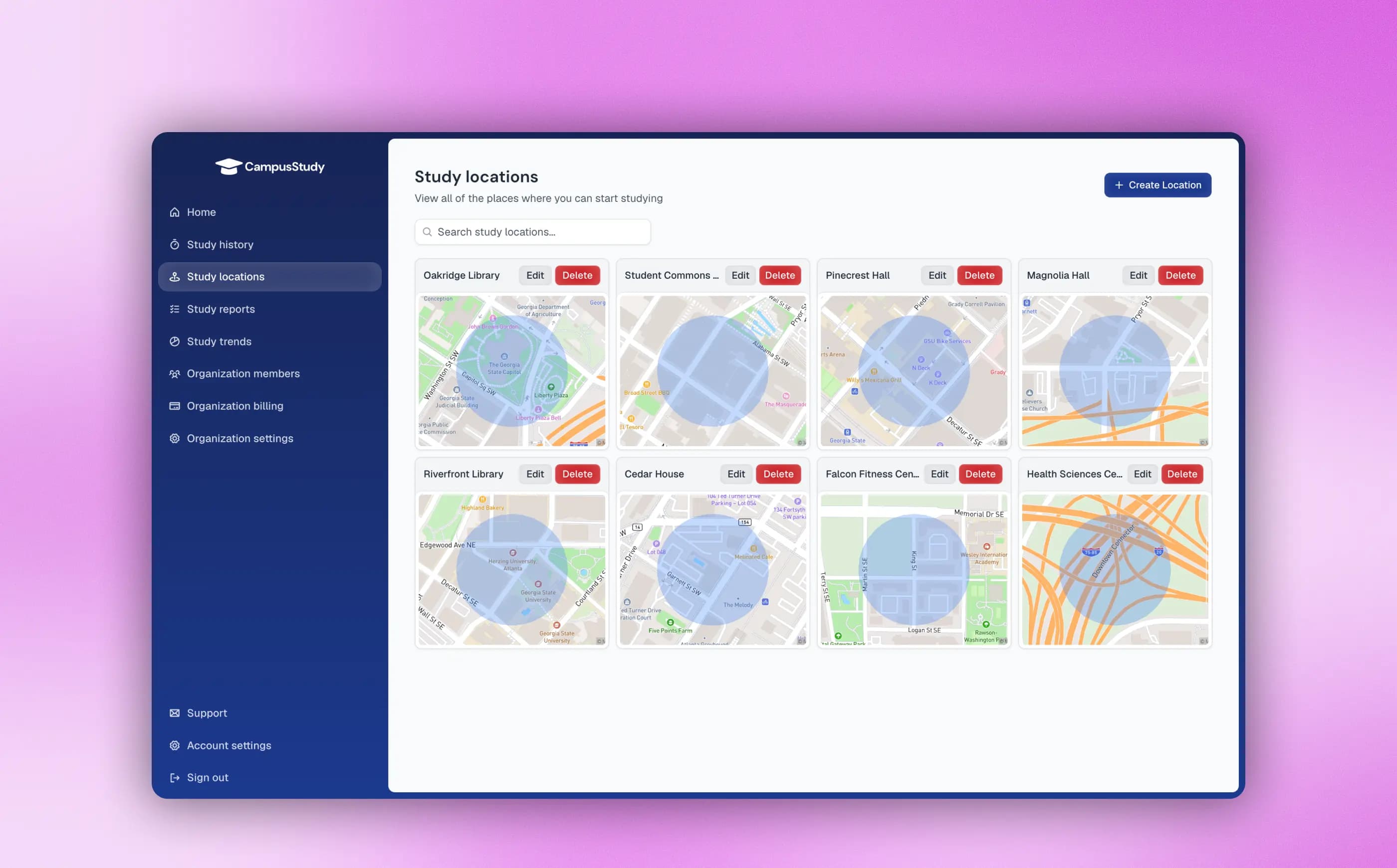 CampusStudy web dashboard showing approved study locations and their boundaries on maps