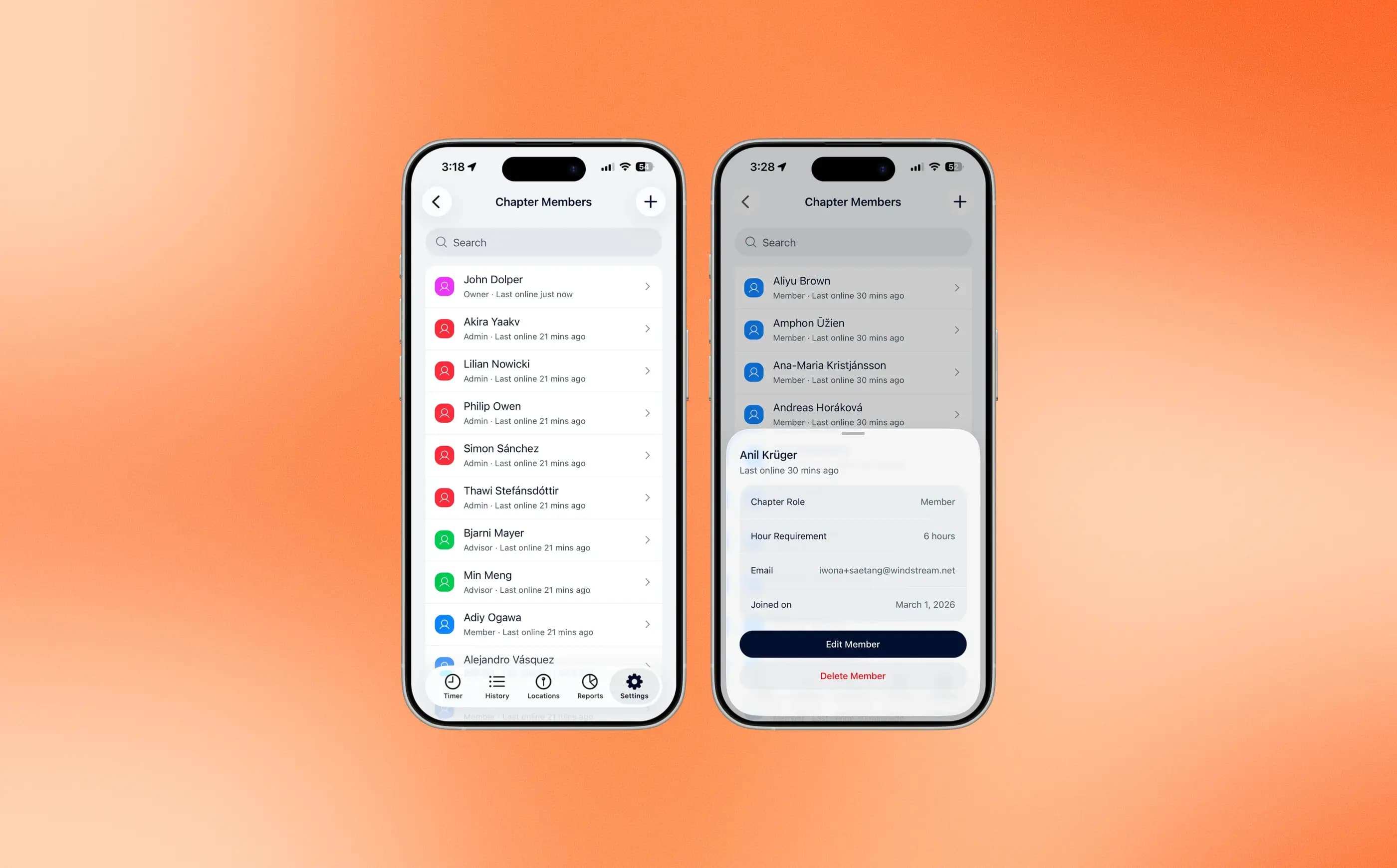 CampusStudy mobile app showing chapter members, their roles, and an individual study hour requirement