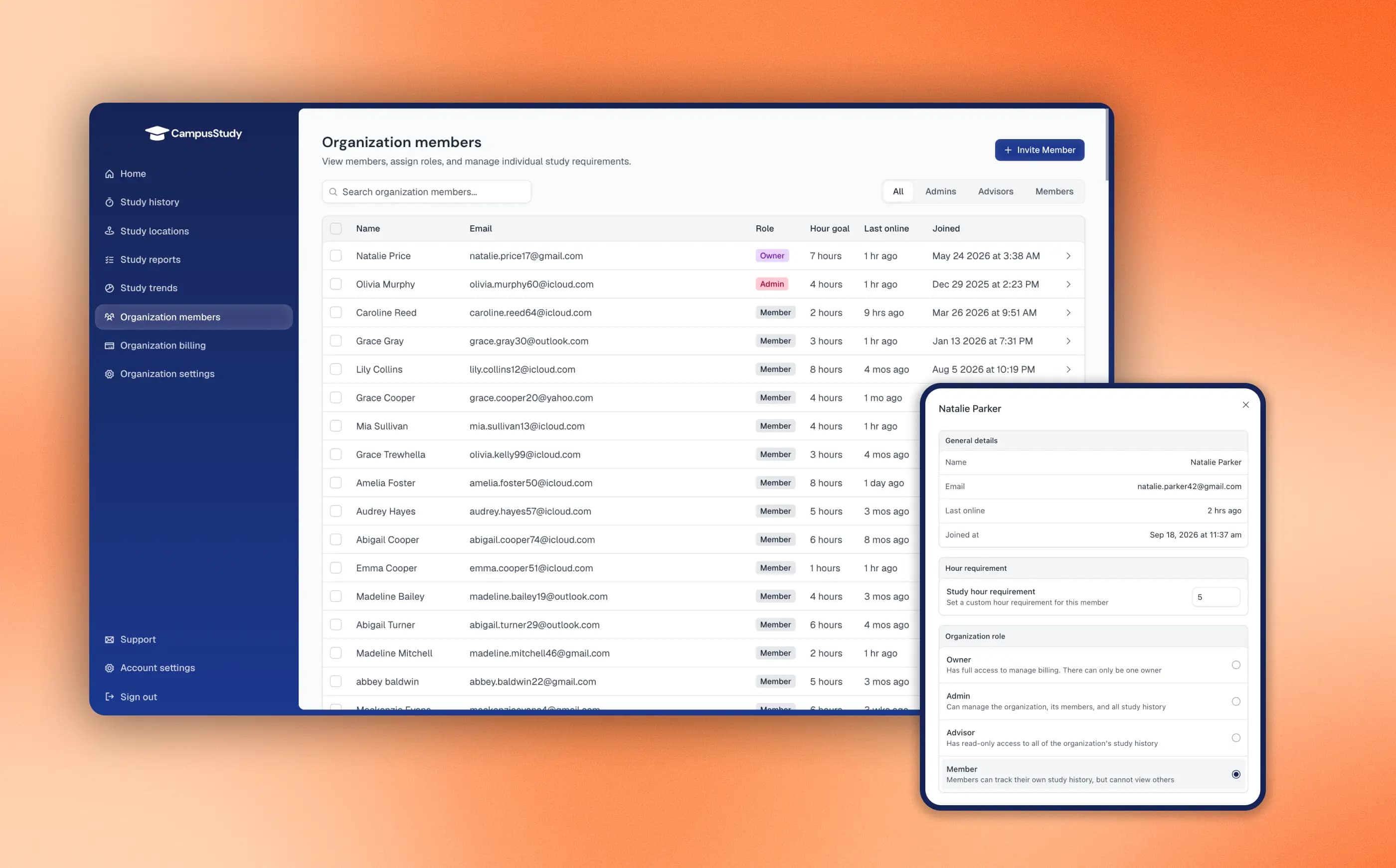 CampusStudy web dashboard showing the member roster, roles, and individual study hour requirements