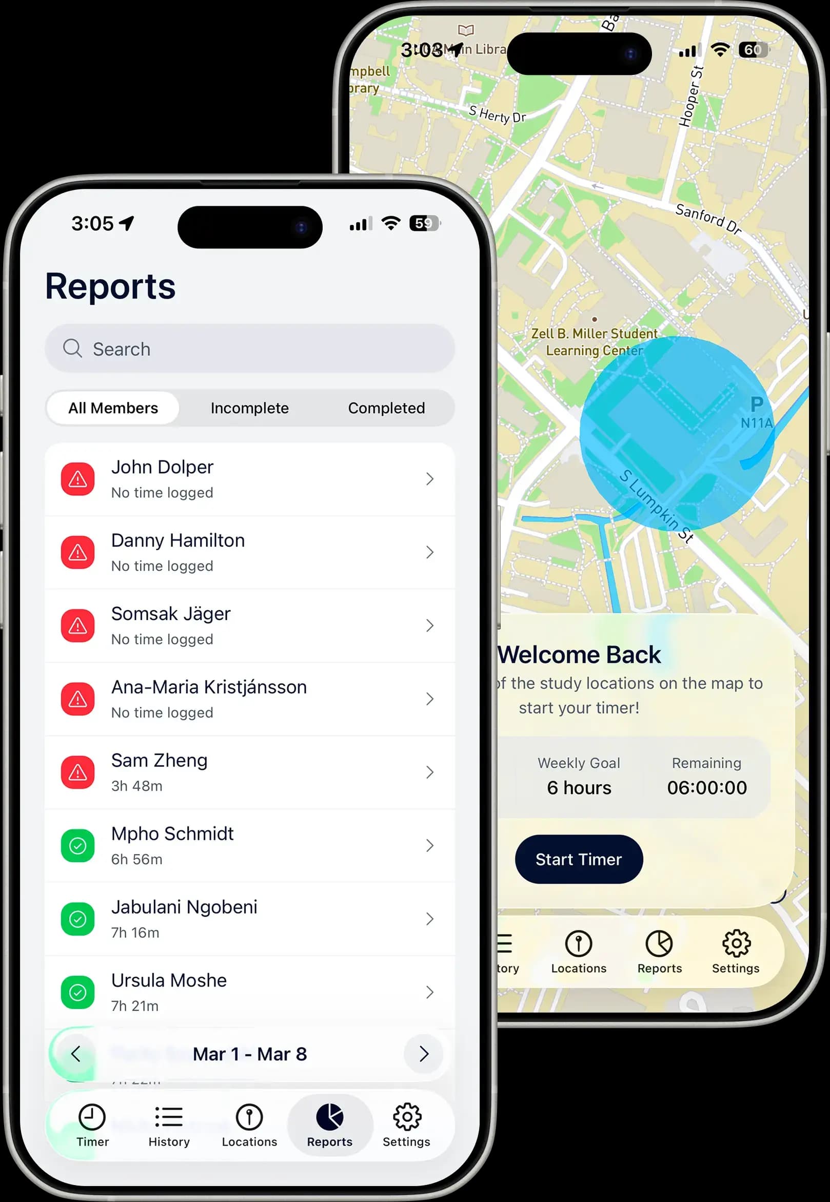 CampusStudy app with a study timer, approved locations, and weekly study reports